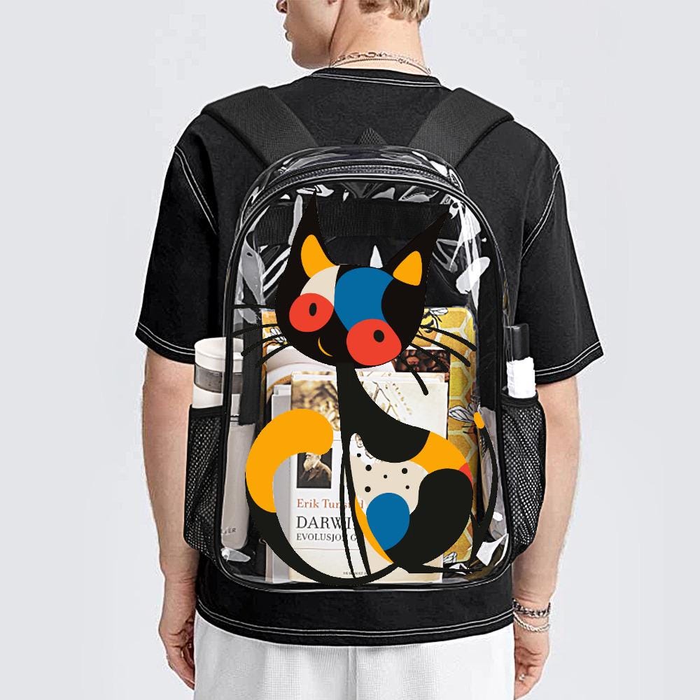 Transparent PVC Backpack with Abstract Cat Print, 17 Inch with Side Pockets