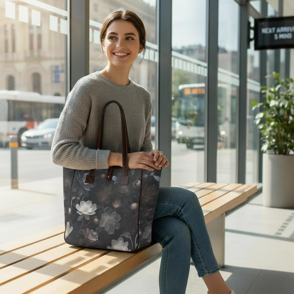 Dark Academia Bold Floral Style Handbag – Black Gray Classic Large Tote Bag