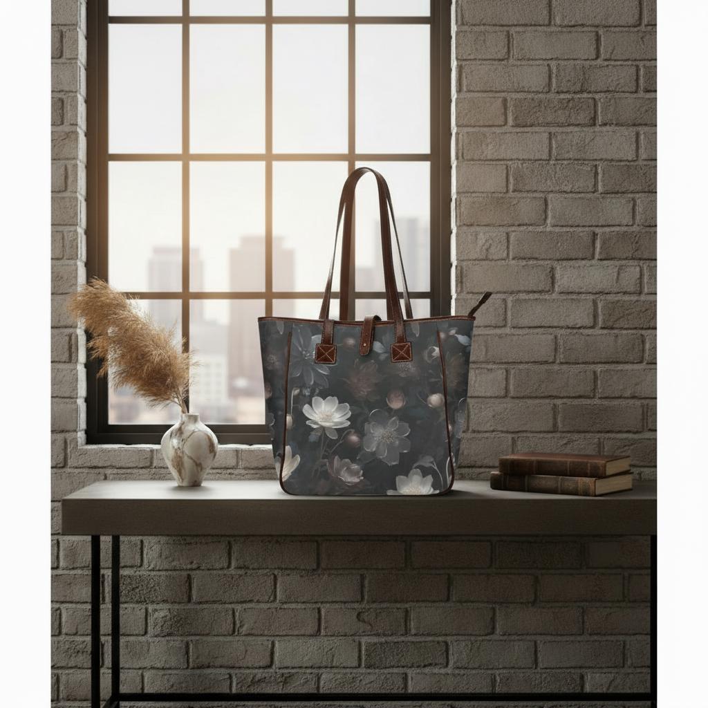 Dark Academia Bold Floral Style Handbag – Black Gray Classic Large Tote Bag