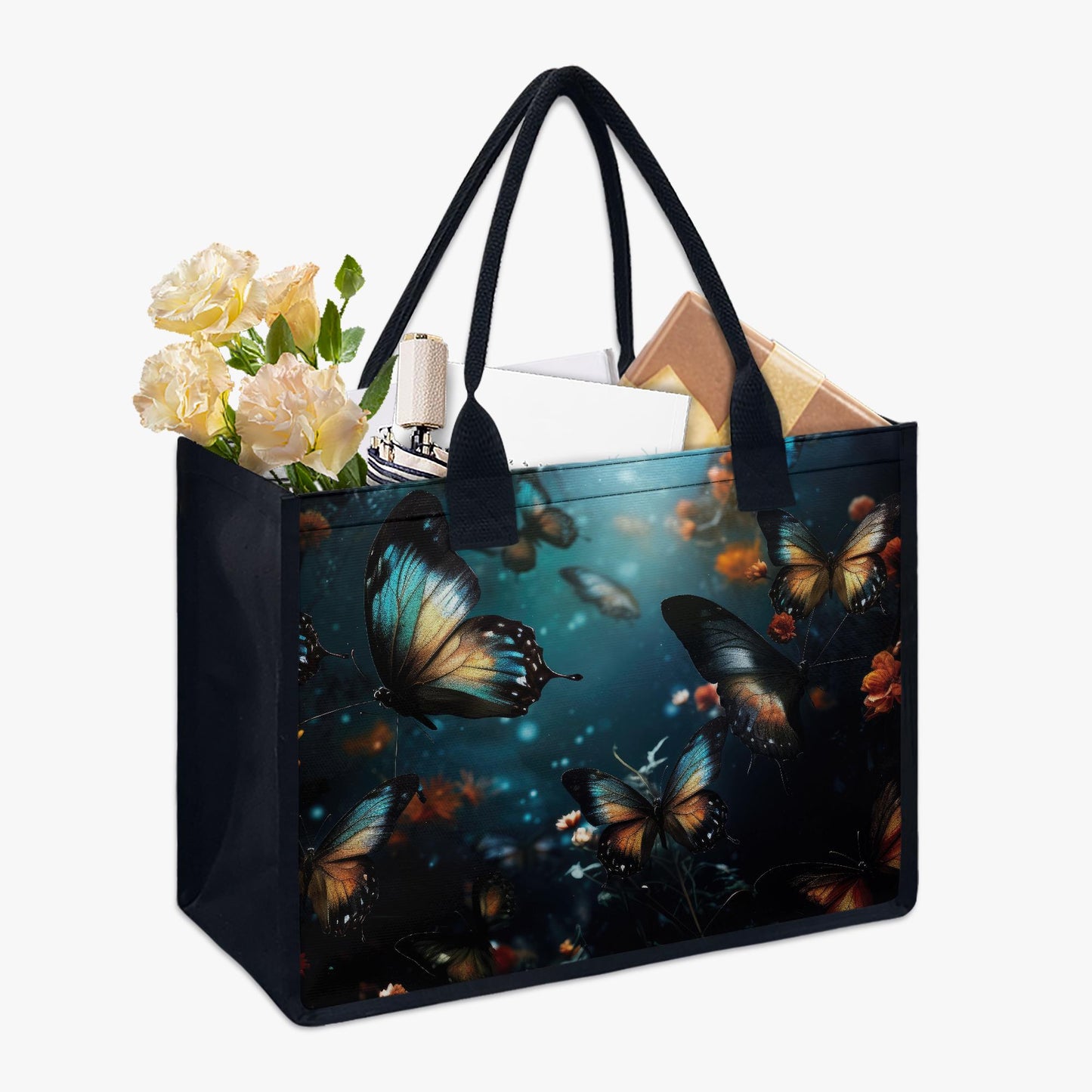 Fairycore Butterflies XL Tote Bag – Blue Black Dark Academia Market Shopper