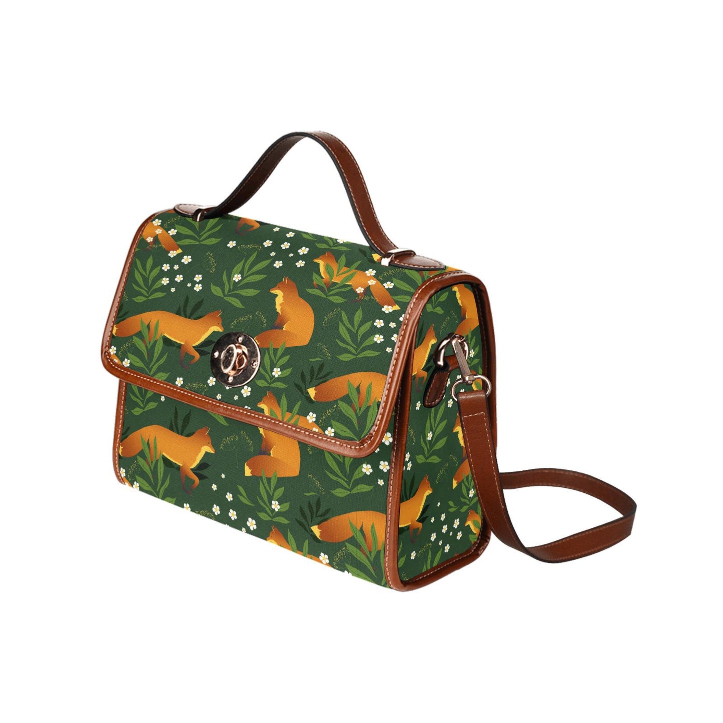Retro Fox Forest Canvas Crossbody Bag – Green Orange Vintage Style Handbag