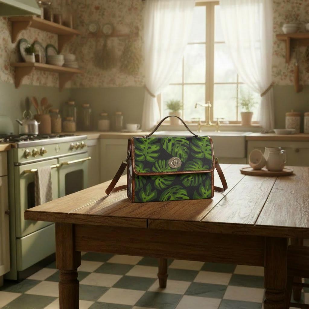 Retro Monstera Botanical Canvas Crossbody Bag – Black Green Vintage Style