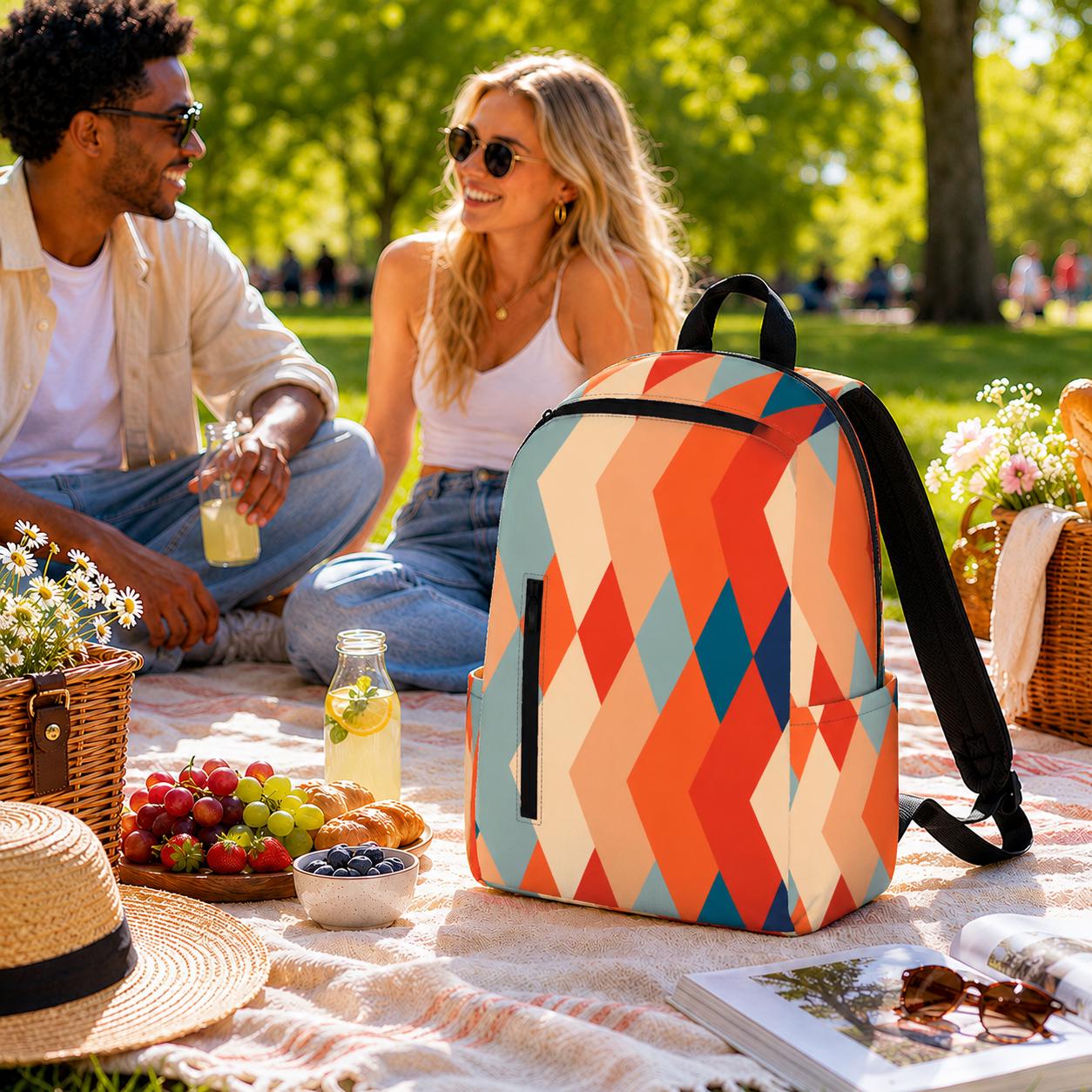 Retro 60s Backpack – Midcentury Diamonds Twill Zipper Daypack