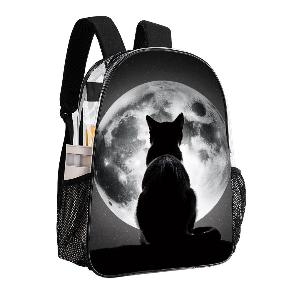 Black Cat & Moon Clear PVC Backpack, School Travel Business Daypack with Side Pockets