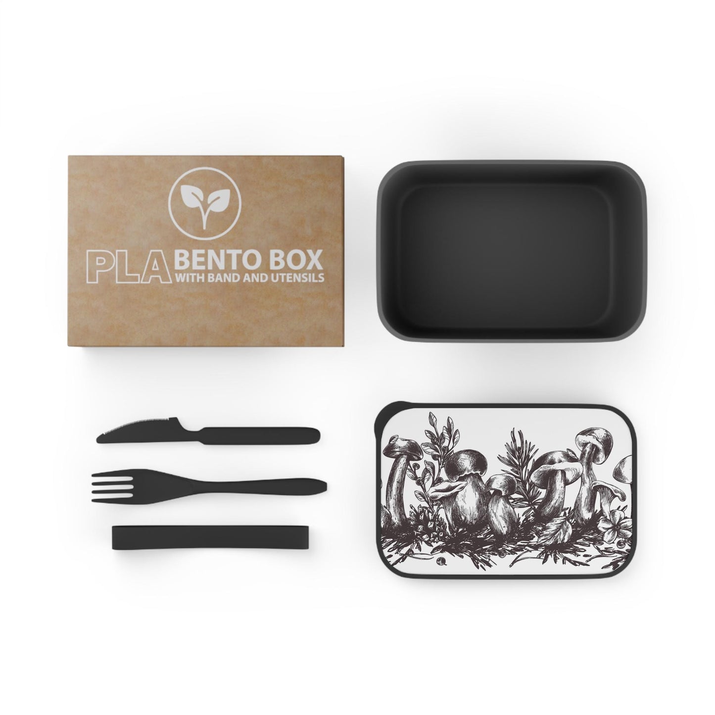 Black White Mushroom Bento Box: Botanical Vegan Lunch Kit with Cutlery