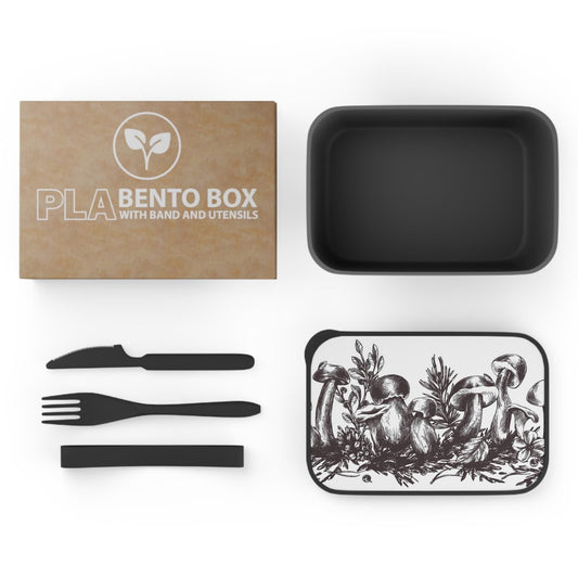 Black White Mushroom Bioplastic Bento Box: Lunch Kit with Cutlery