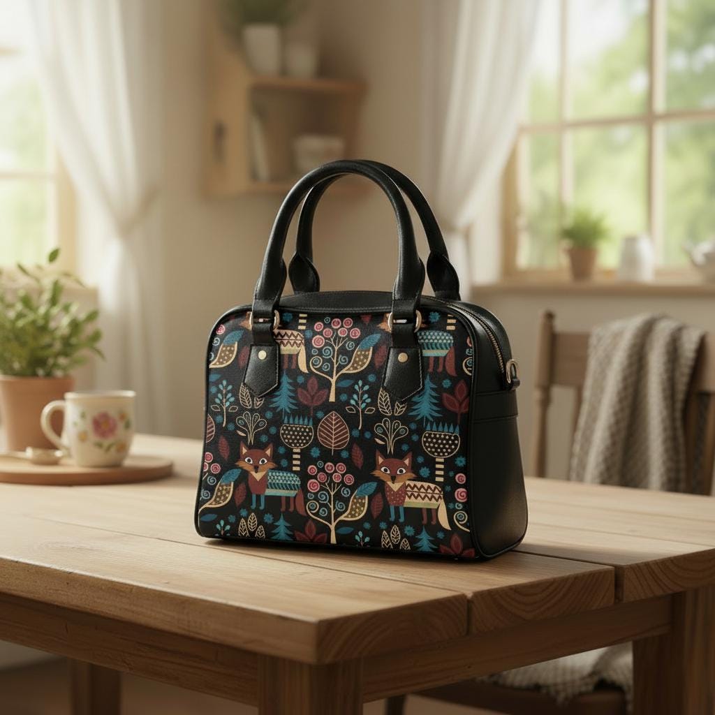 Nordic Folkloric Shoulder Bag – on a wooden table by a sunny window