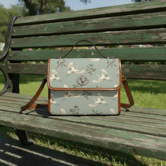 Cranes Canvas Crossbody Handbag – Vintage Gray Green Japandi Top Handle Bag