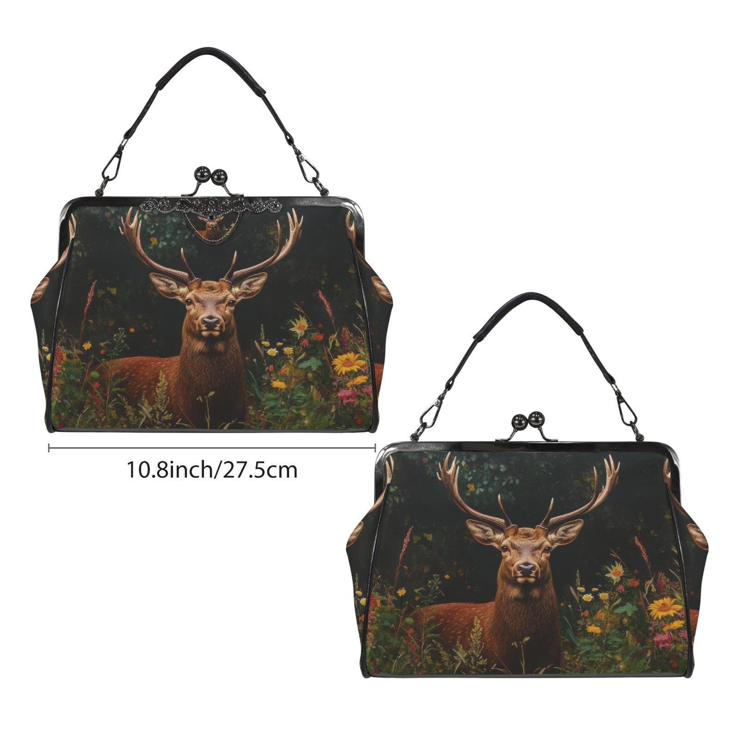 Deer Forest Kisslock Crossbody Shoulder Bag - Dark Academia Nature Lover Handbag