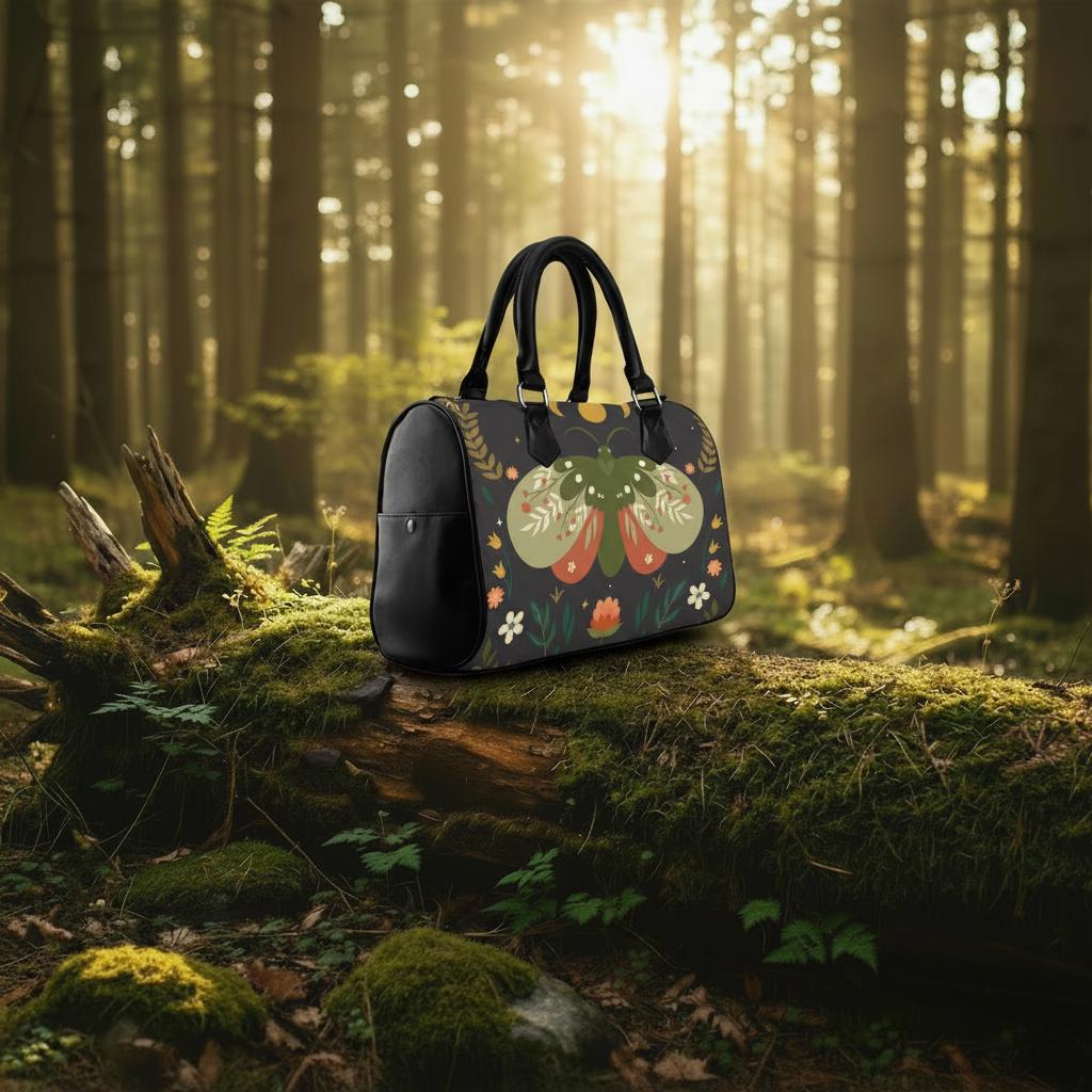 Dark Academia Moth Barrel Handbag – Black Green Orange Everyda Bag