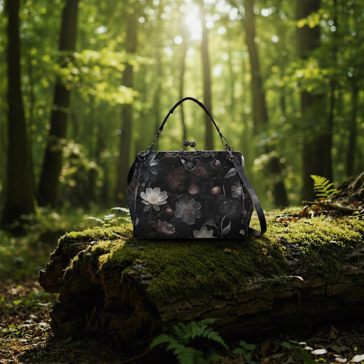 Dark Academia Floral Gothic Handbag - Fairycore Kisslock Crossbody Shoulder Bag