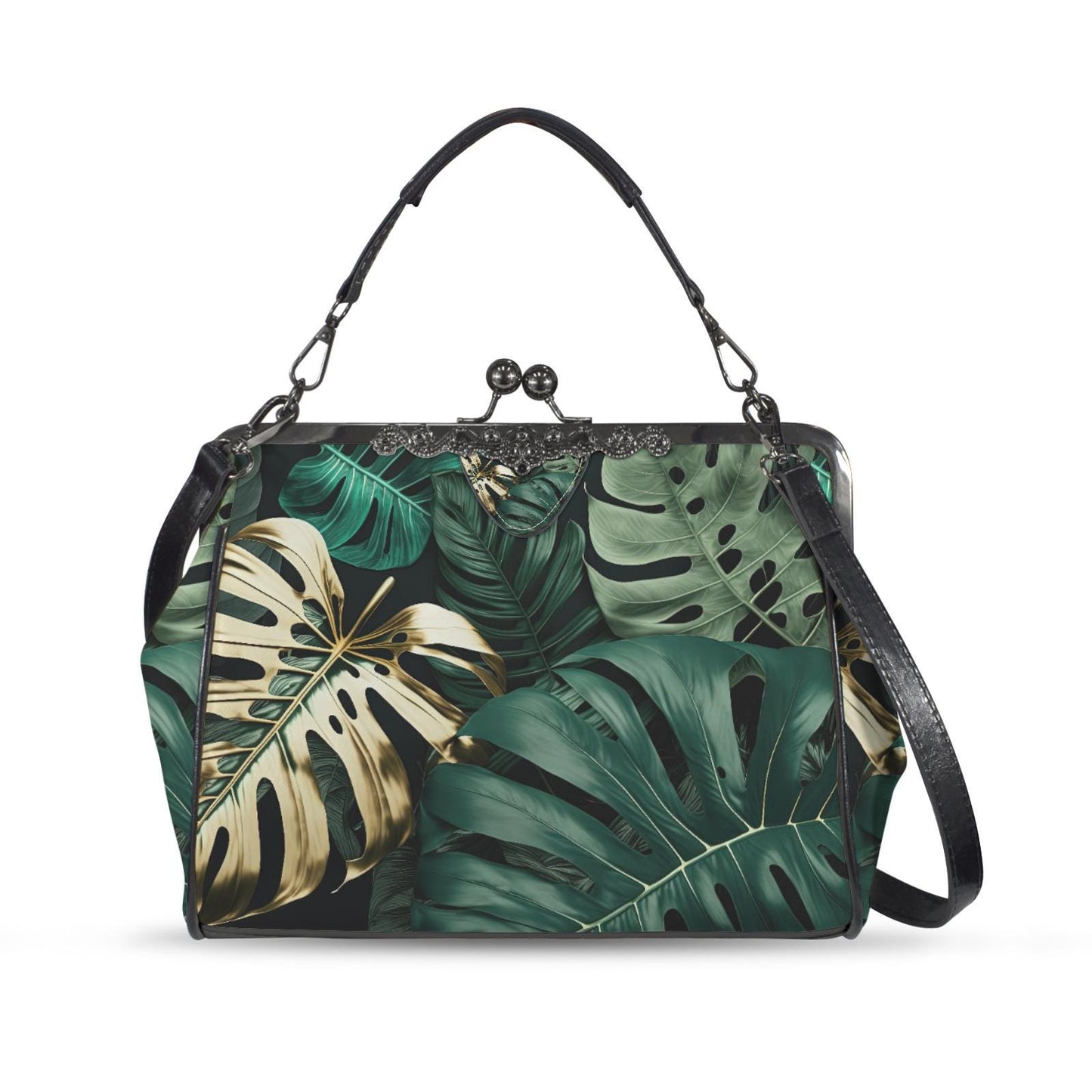 Retro Green Gold Monstera Leaf Handbag - Botanical Kisslock Crossbody Shoulder Bag