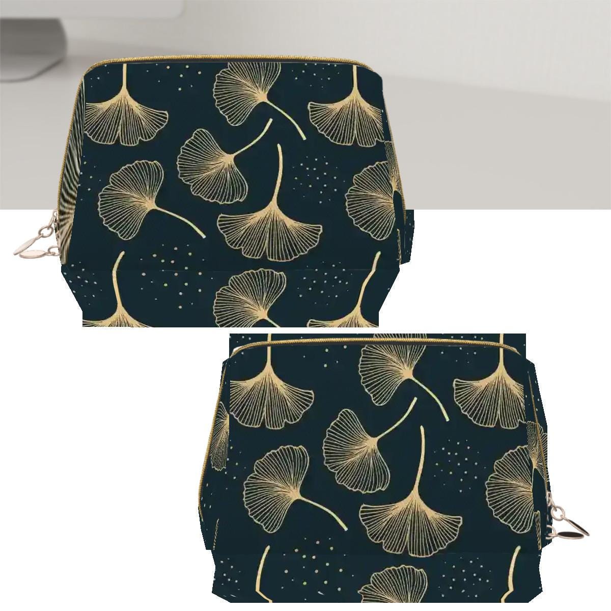 Luxury Black Gold Ginkgo Leaf Makeup Bag – Faux-Leather Travel Cosmetics Case