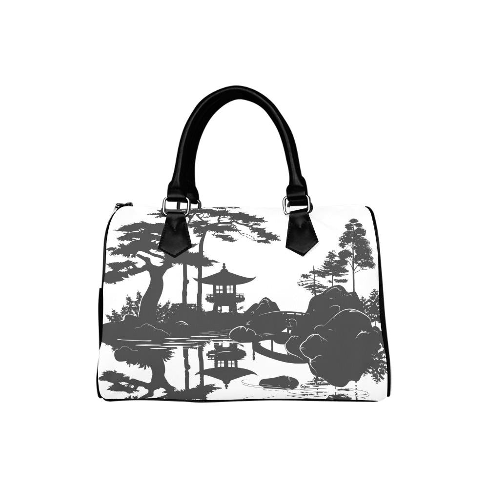 Asian Ink Pagoda Barrel Handbag – Black White Zen Art Wabisabi Purse