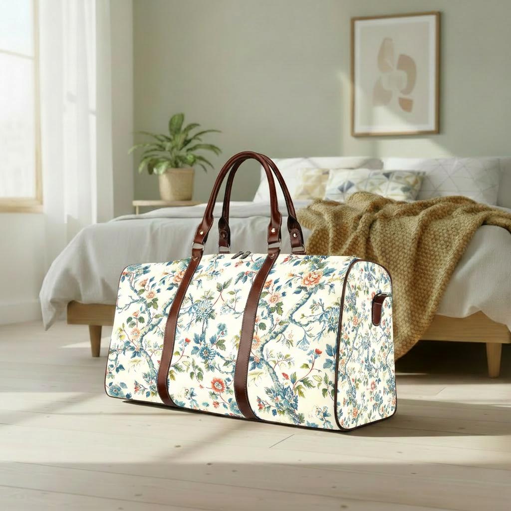 Toile de Jouy Weekender Travel Bag – French Vintage Print Vegan Duffle Bag