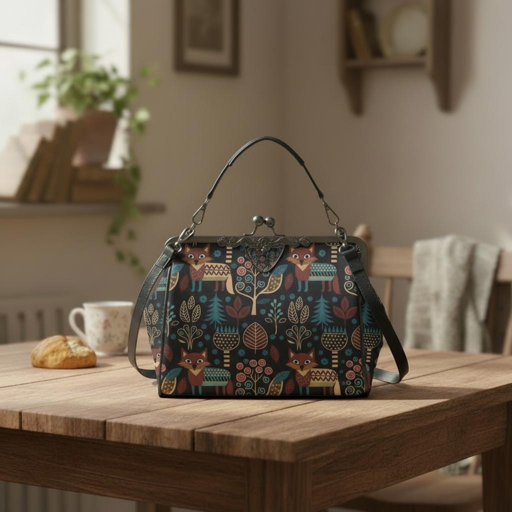 Retro Folkloric Kisslock Crossbody Purse – Nordic Scandi Forest Look