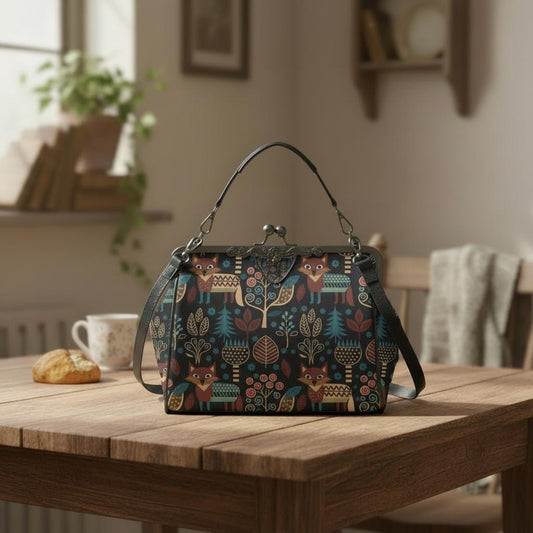 Retro Folkloric Kisslock Crossbody Purse – Nordic Scandi Forest Look