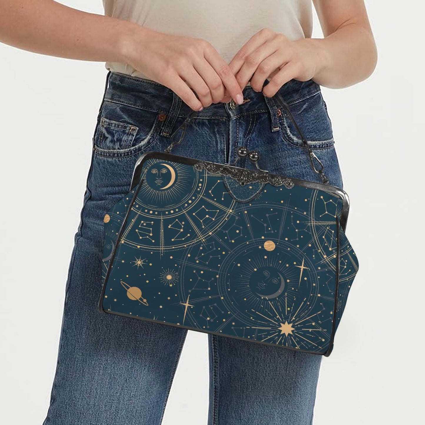 Moon Stars Witchy Astrology Kisslock Crossbody Handbag