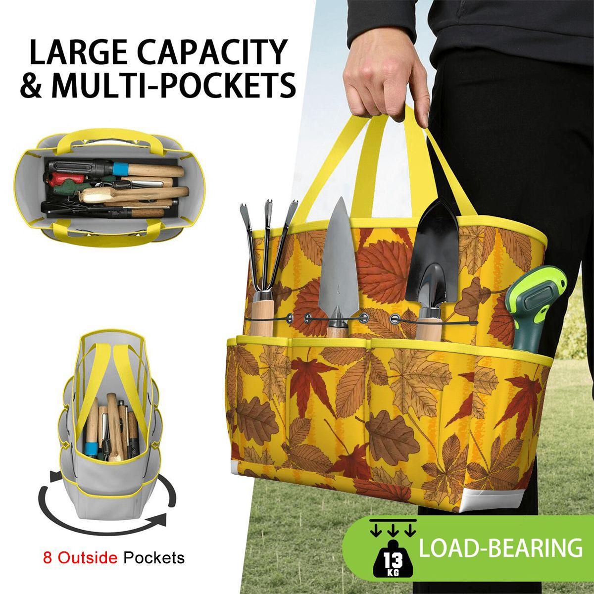 Autumn Leaves Garden Tote – Yellow Brown Gardening Tool Organizer Bag With Pockets