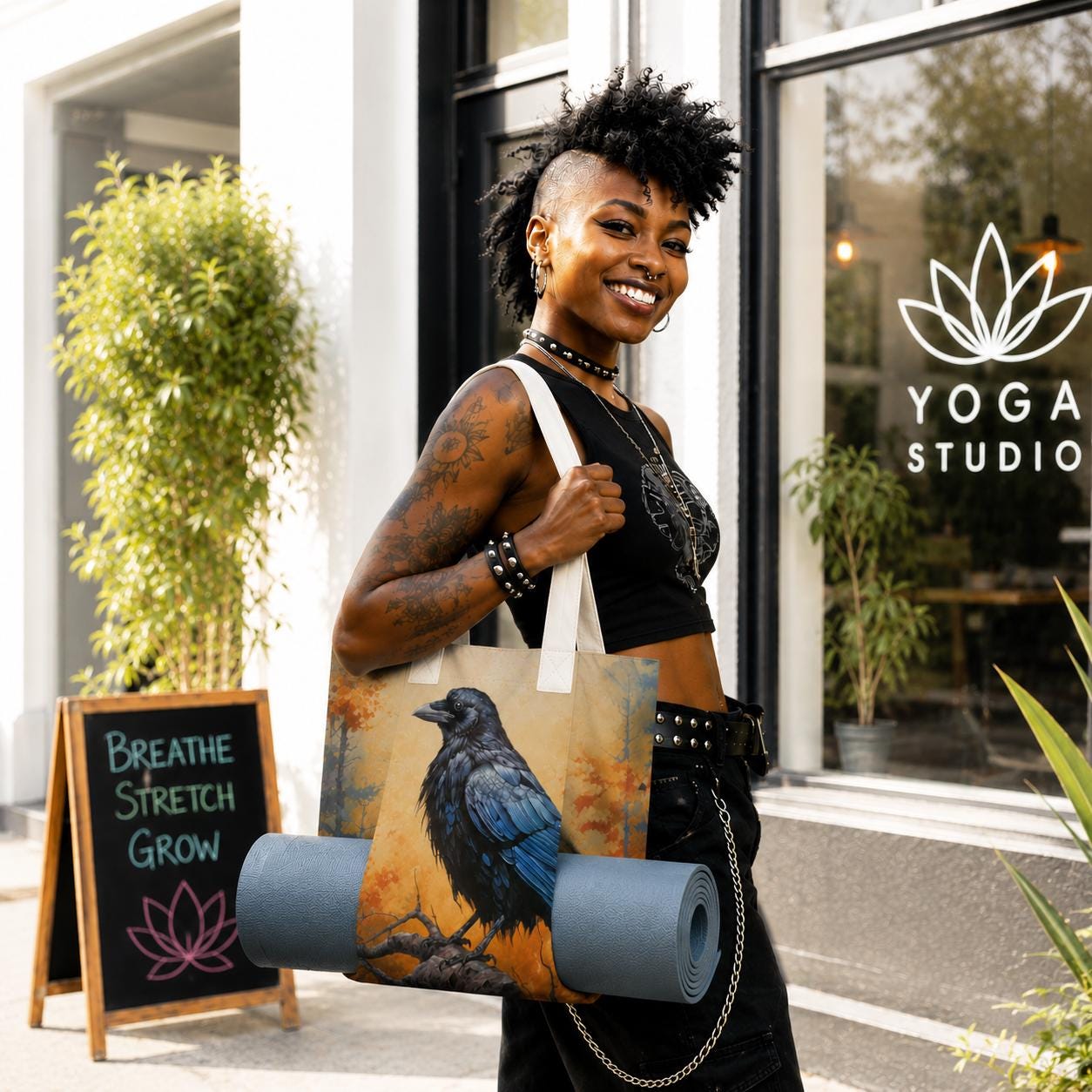 Black Raven Yoga Tote Bag with Mat Holder – Dark Academia Cotton Linen Tote