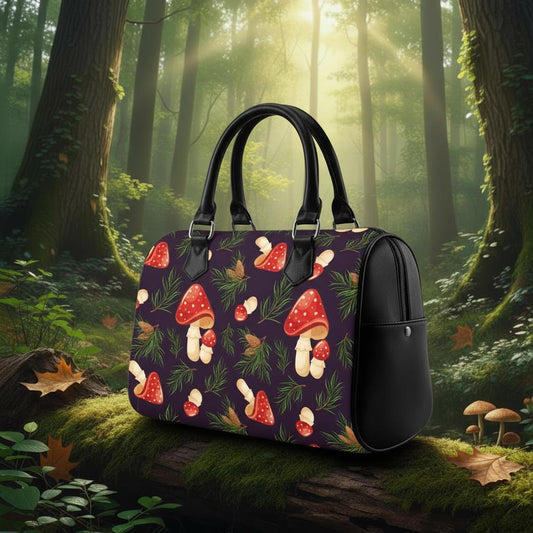 Dark Academia Mushroom Barrel Handbag – Black Red Botanical Forest Bag