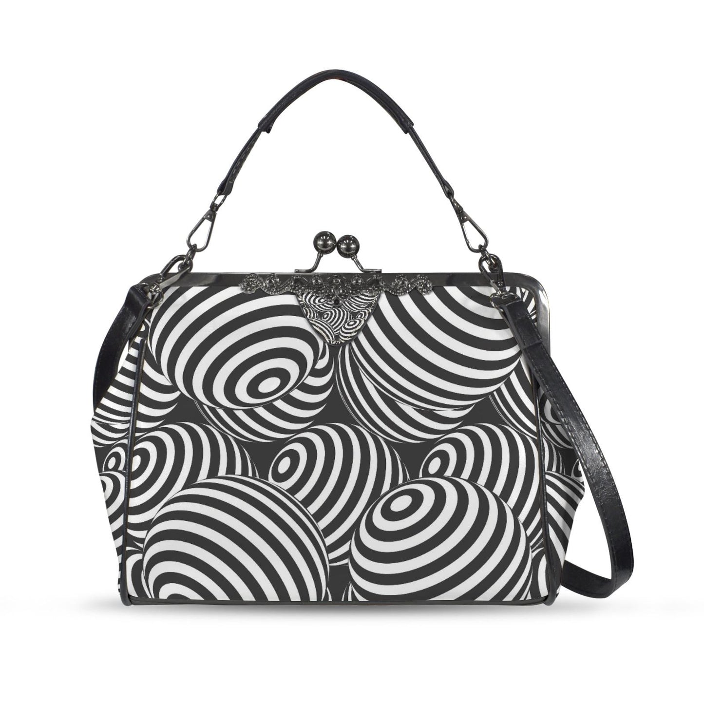 Black White Op-Art Kisslock Crossbody Bag – Vintage 80s Monochrome Handbag