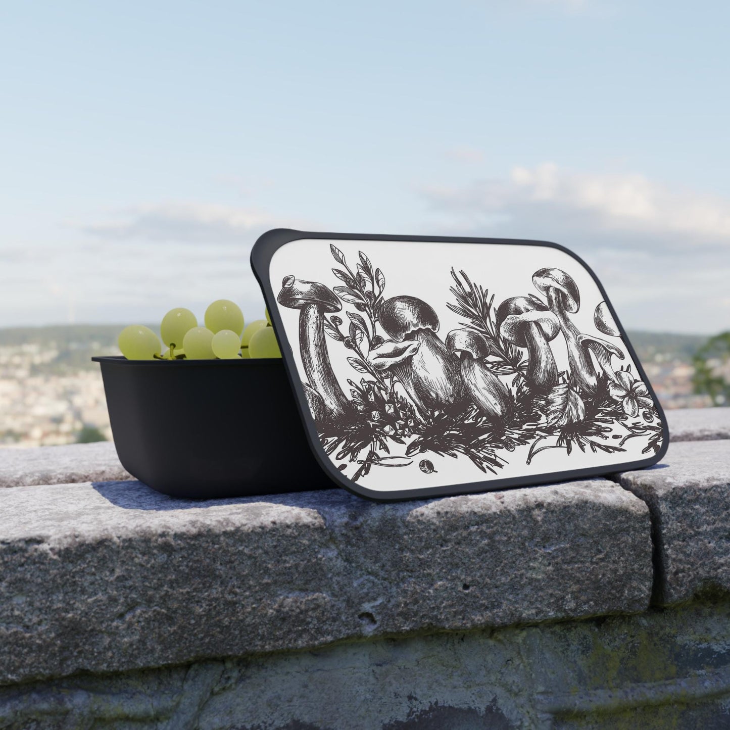 Black White Mushroom Bento Box: Botanical Vegan Lunch Kit with Cutlery