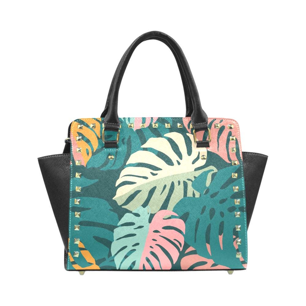 Retro 70s Monstera Rivet Shoulder Handbag – Vintage Midcentury Print Purse