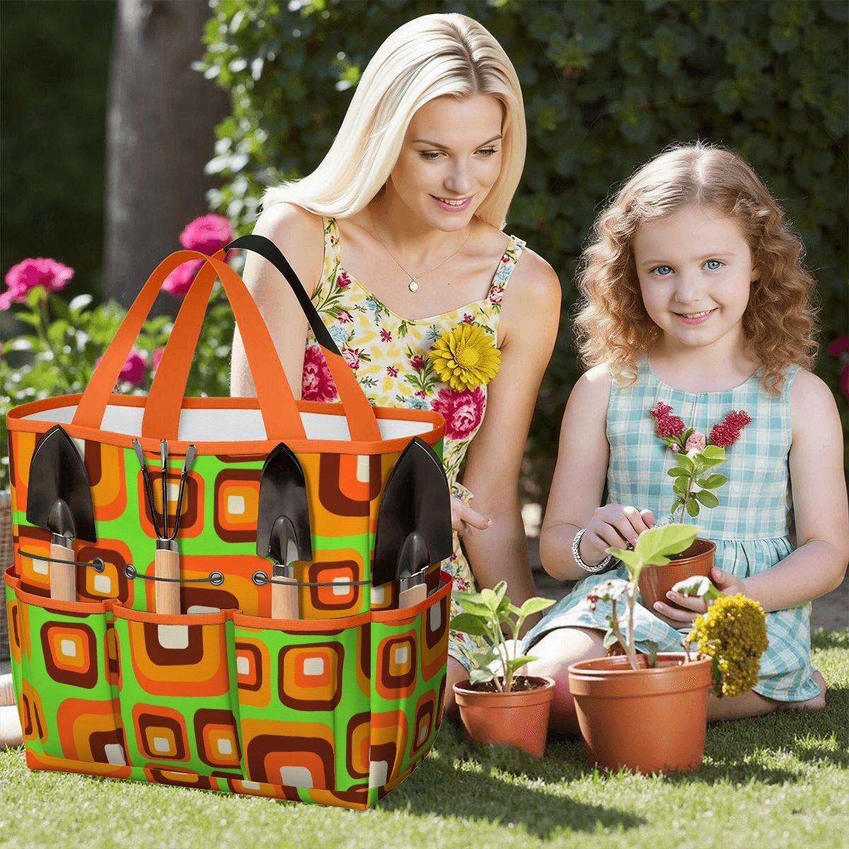 Retro 70s Gardening Tool Organizer Bag – Funky Orange Green Flower Power Tote