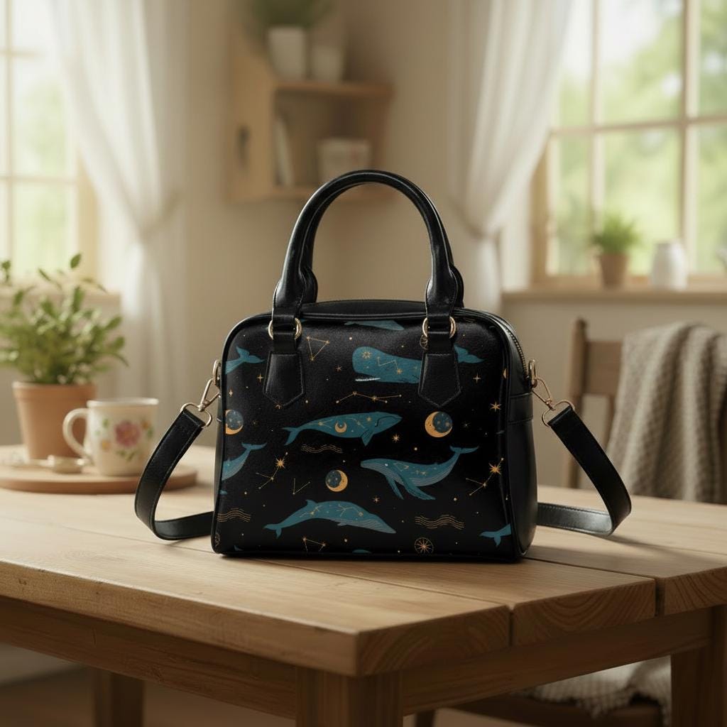 Whimsical Whale Moon Shoulder Handbag – Black Blue Fairycore Vegan Top Handle Bag
