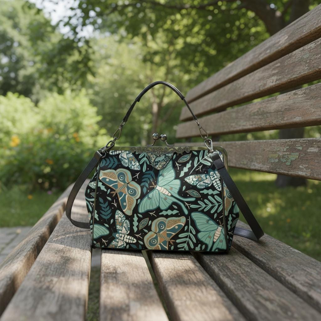 Moths and Moon Vintage Kisslock Crossbody Handbag – Dark Academia Adjustable Strap