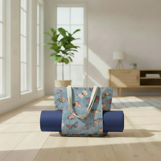 Cottagecore Butterflies Yoga Tote Bag with Mat Holder – Large Cotton Linen Tote