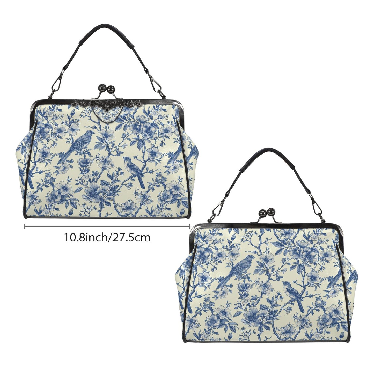 Toile de Jouy Vintage Kisslock Crossbody Bag – Victorian Handbag with Adjustable Strap