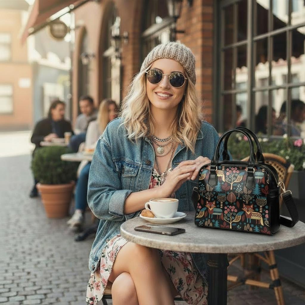 Nordic Folkloric Shoulder Bag – on a café table next to a smiling woman
