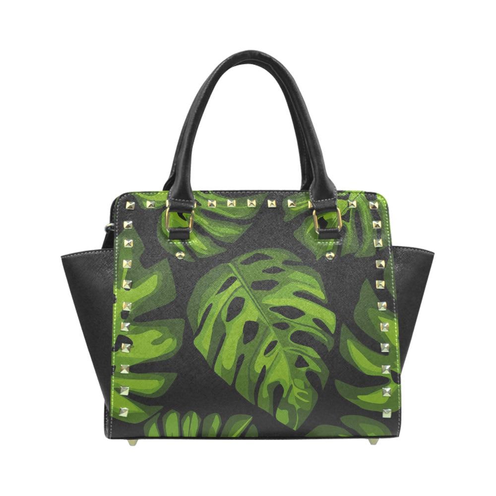 Retro 70s Monstera Rivet Shoulder Handbag – Vintage Midcentury Print Purse