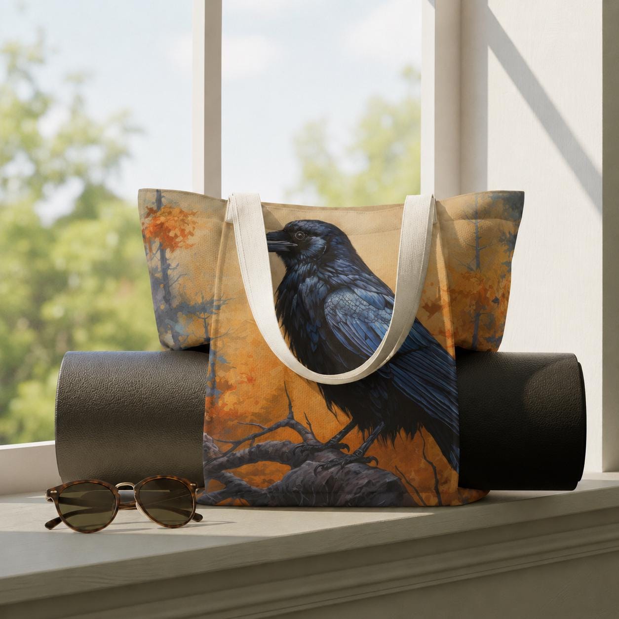 Black Raven Yoga Tote Bag with Mat Holder – Dark Academia Cotton Linen Tote