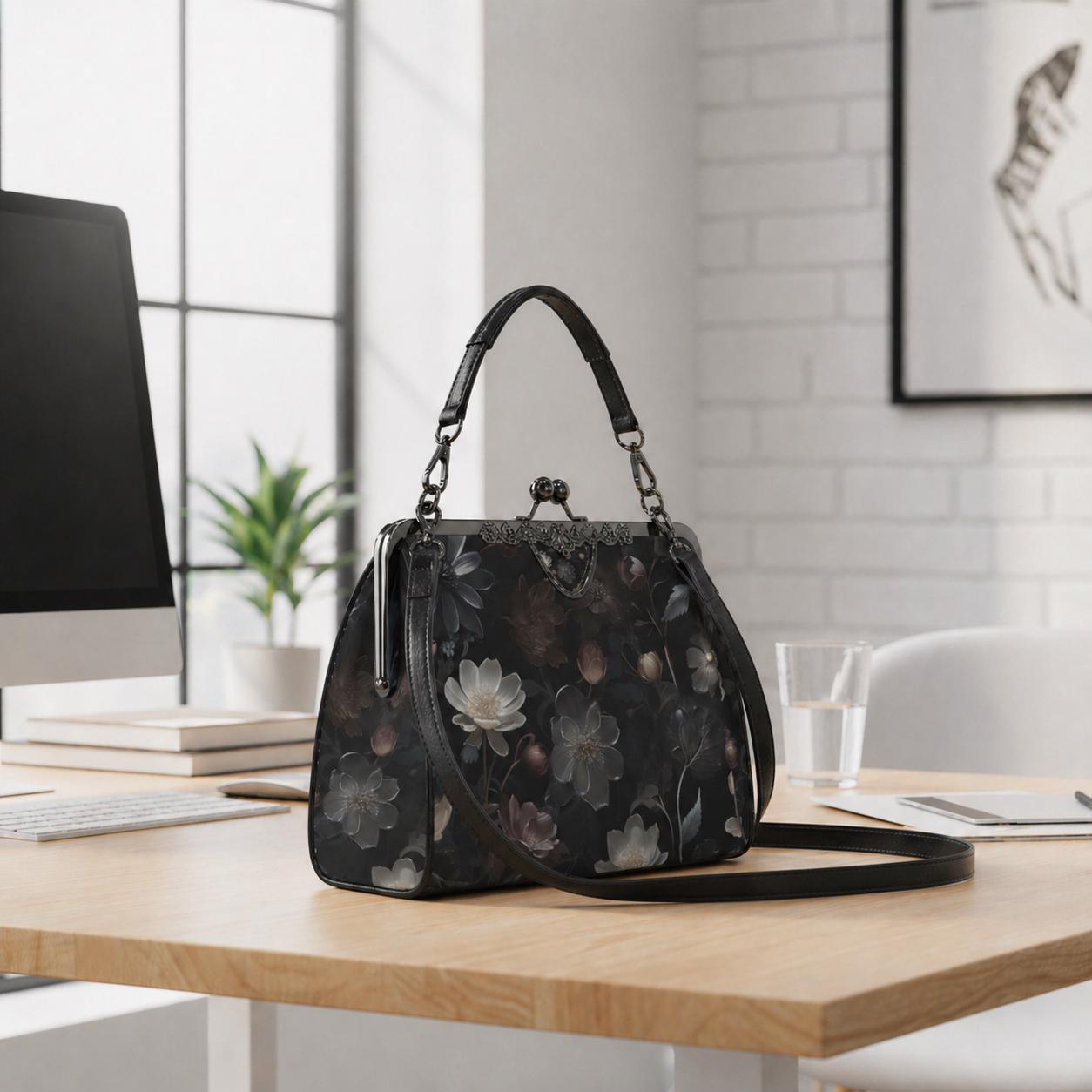 Dark Academia Floral Gothic Handbag - Fairycore Kisslock Crossbody Shoulder Bag
