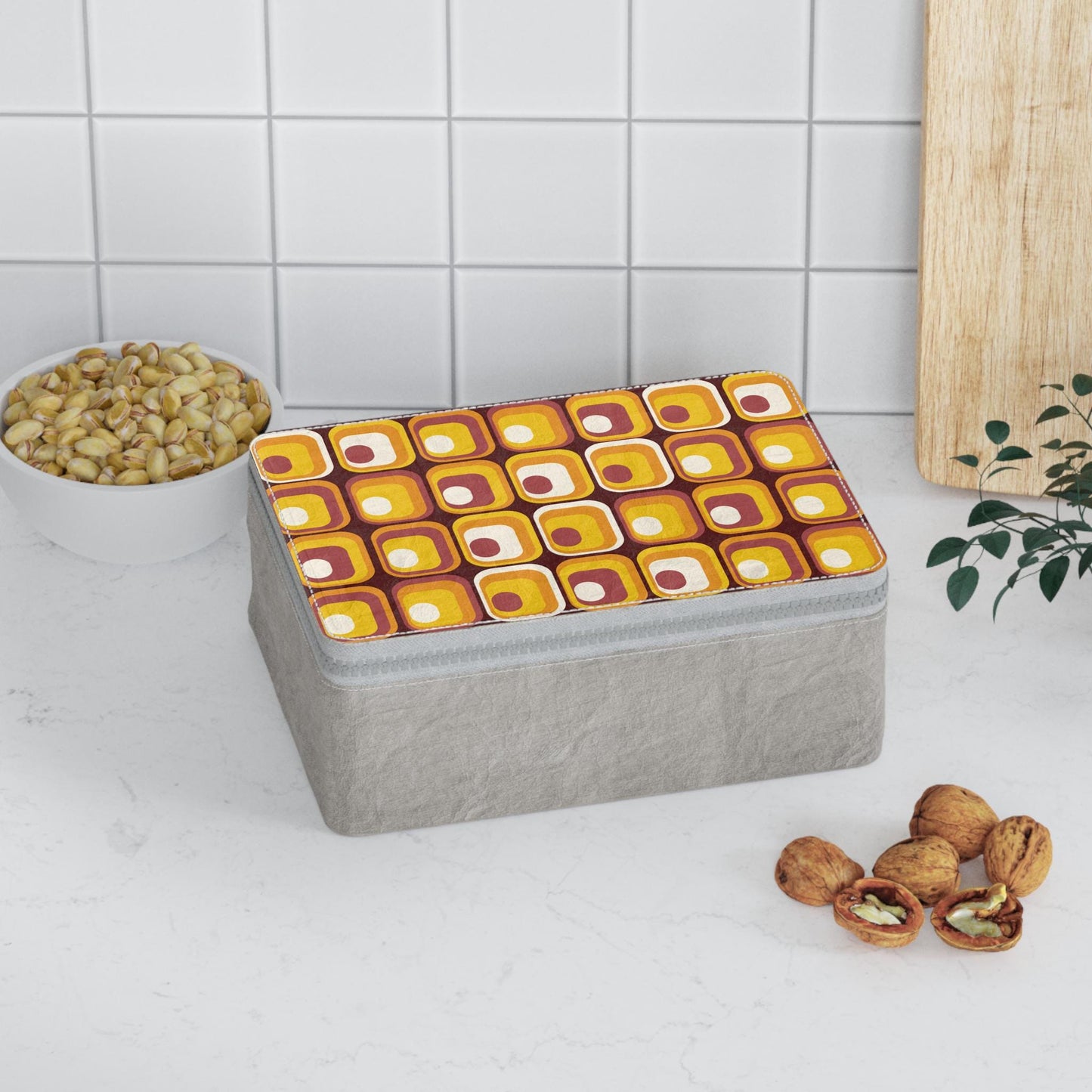 Retro 70s Paper Lunch Box: Orange Brown Mid-Century Reusable Food Storage