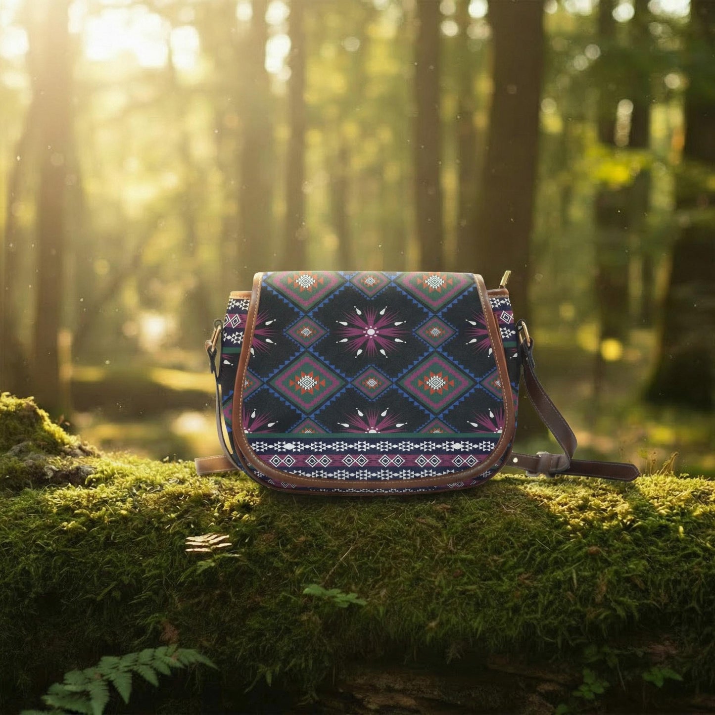 Boho Tribal Ikat Saddle Handbag – Dark Ethnic Modern Heritage Bag