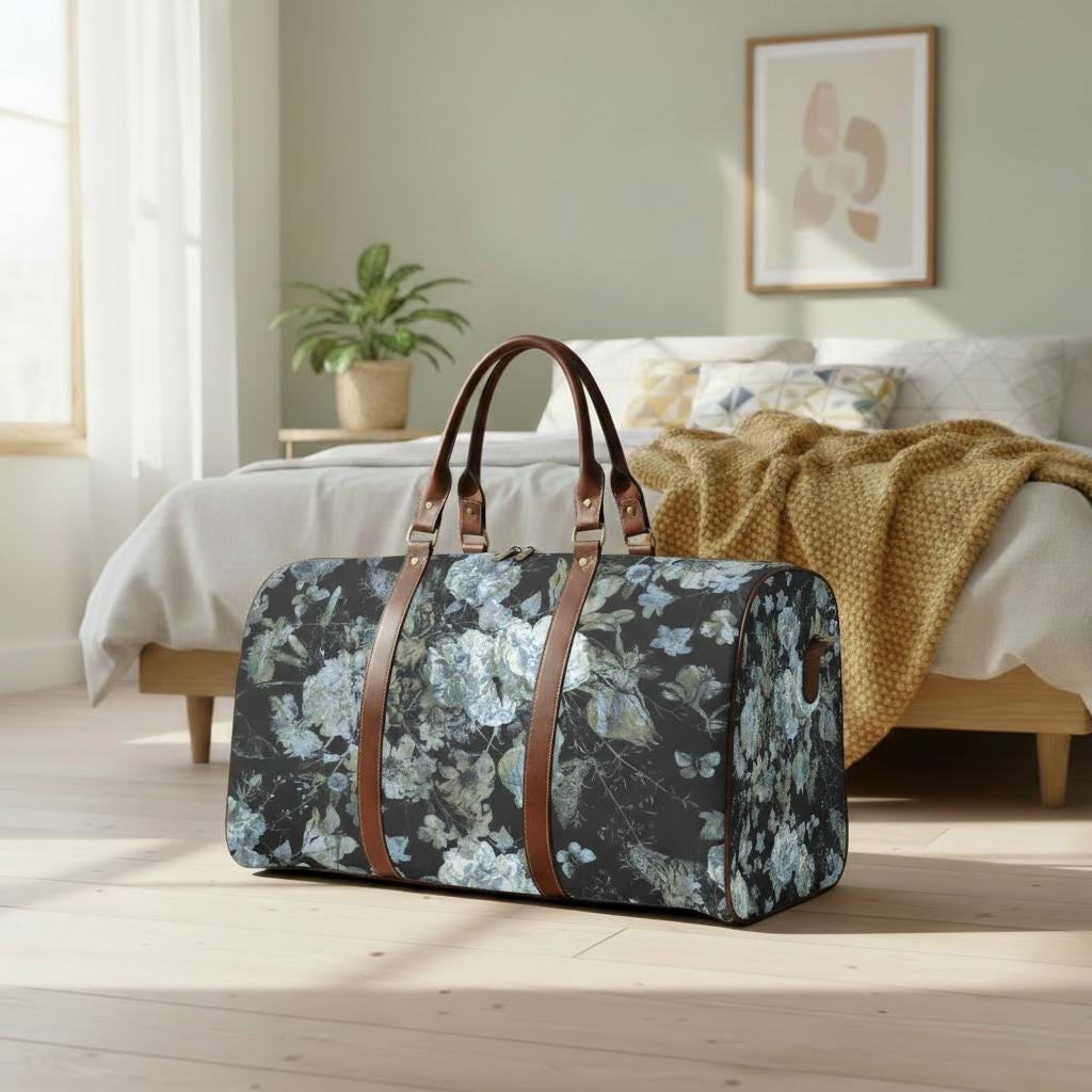 Dark Academia Black Gray Floral Travel Bag – Waterproof Grunge Weekender Duffle