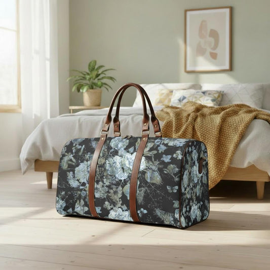 Dark Academia Black Gray Floral Travel Bag – Waterproof Grunge Weekender Duffle