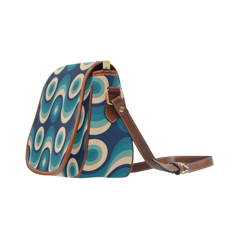 Retro 70s Wave Pattern Saddle Bag - Midcentury Style Crossbody Handbag
