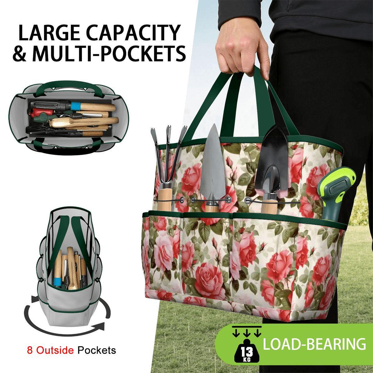 English Roses Garden Tote – Pink Green Gardening Tool Organizer Bag With Pockets