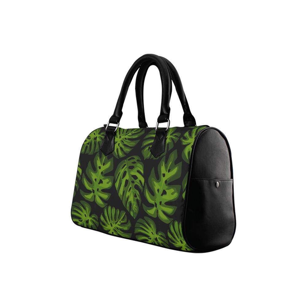 Retro 60s Monstera Print Barrel Handbag – Black Green Botanical Bag