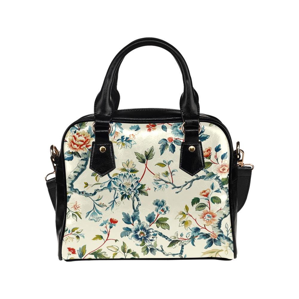 Toile de Jouy Shoulder Handbag – French Vintage Floral Handbag with Top Handle