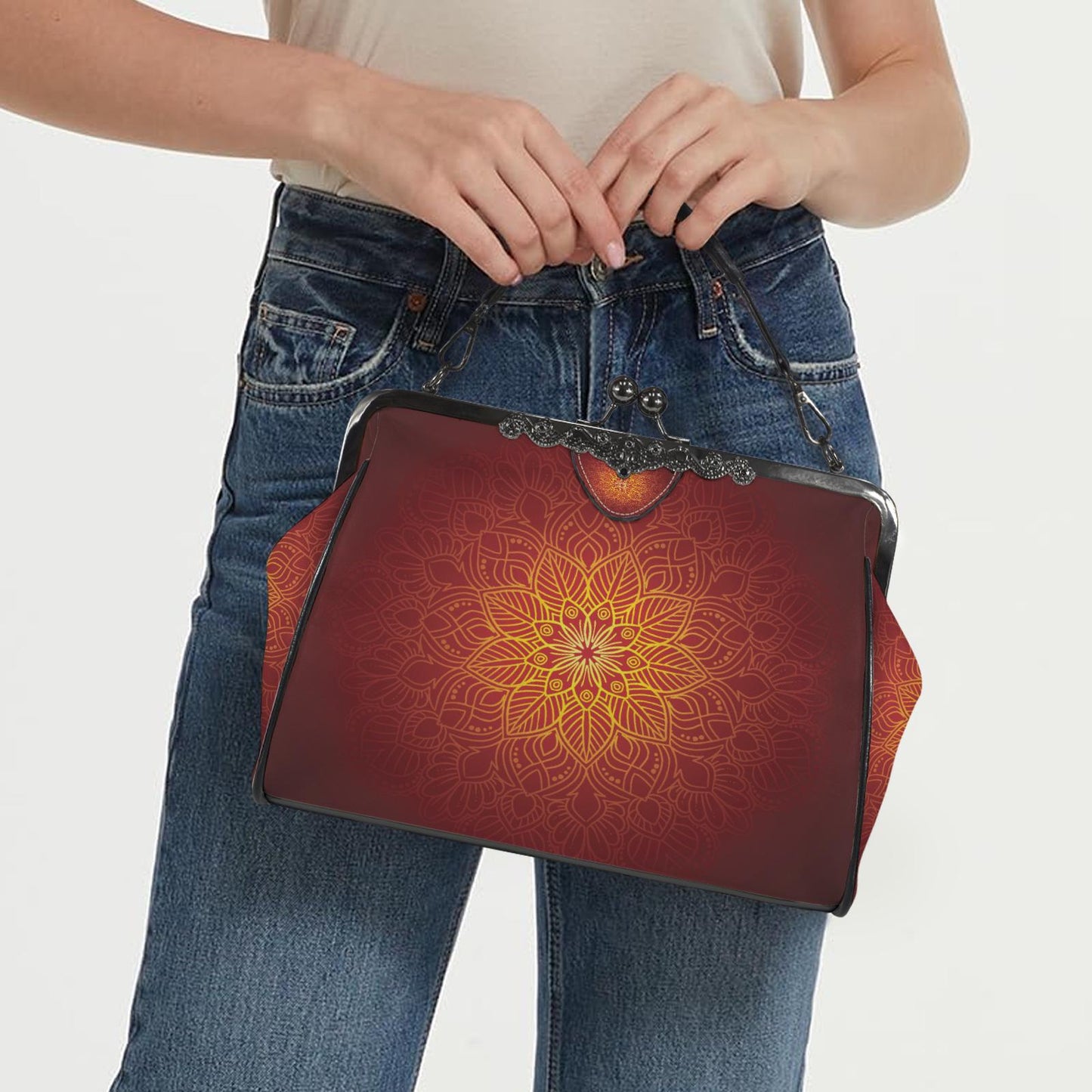 Black Red Orange Mandala Kisslock Handbag –  Meditation Asian Style Crossbody Bag