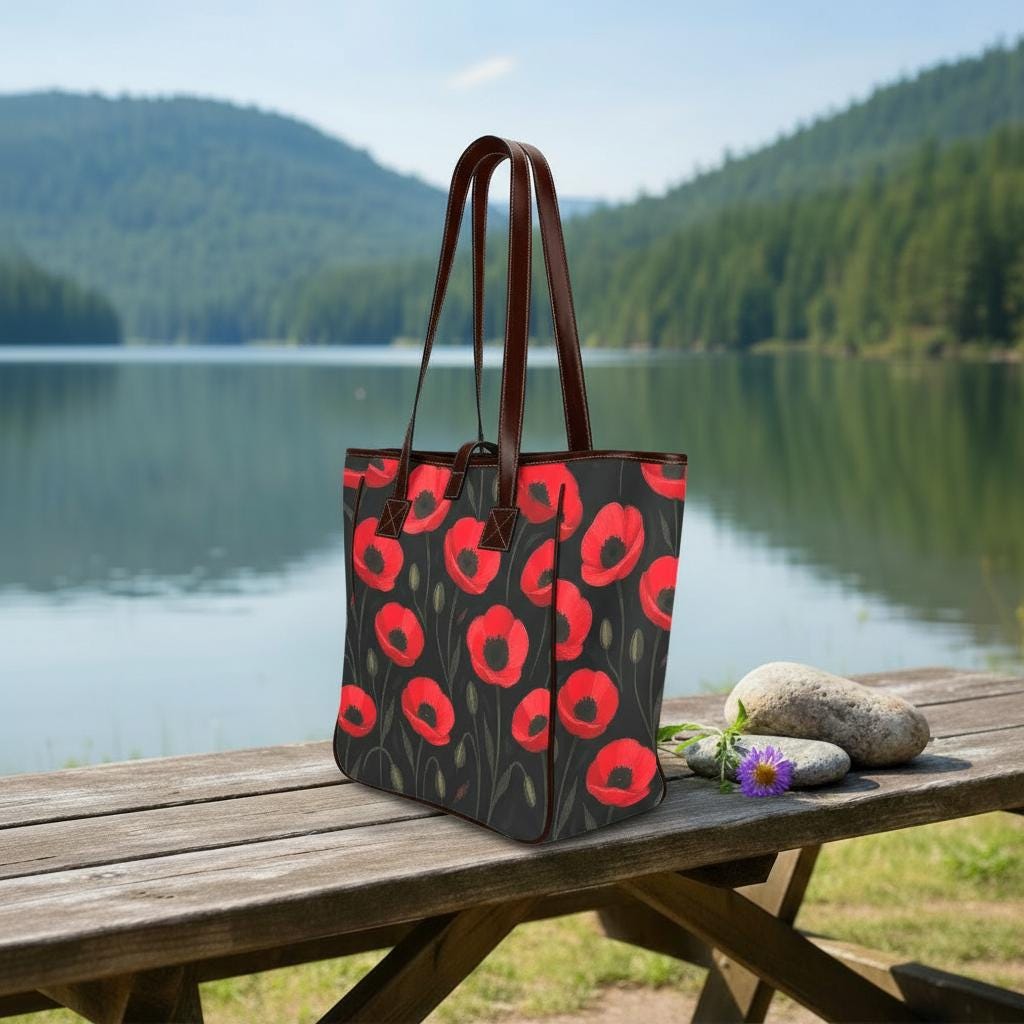 Bolso tote grande negro y rojo con amapolas – bolso de estilo floral dark academia