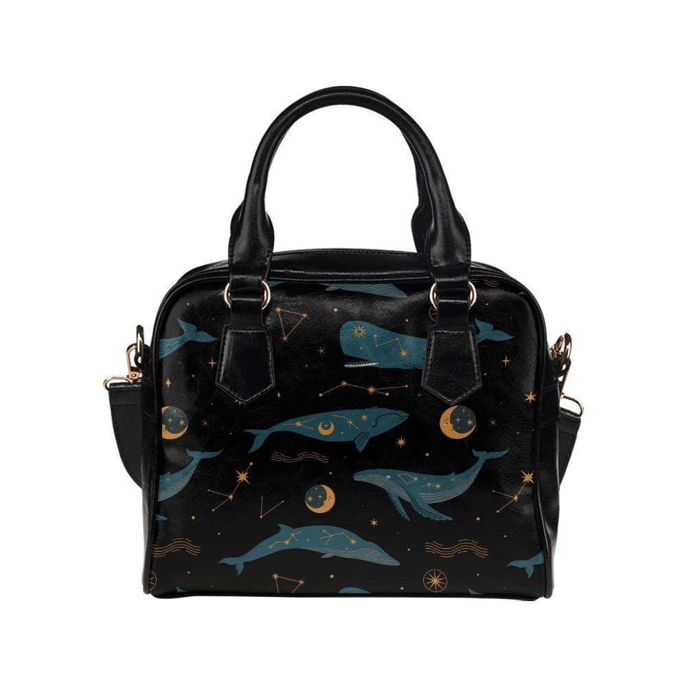 Whimsical Whale Moon Shoulder Handbag – Black Blue Fairycore Vegan Top Handle Bag