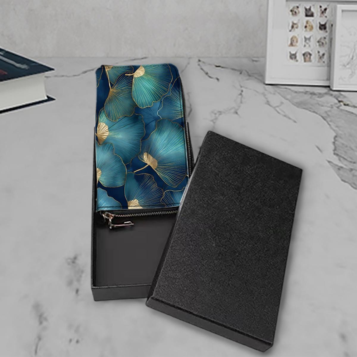 Blue Gold Ginkgo Leaves Clutch Wallet – Elegant Botanical Vegan Purse