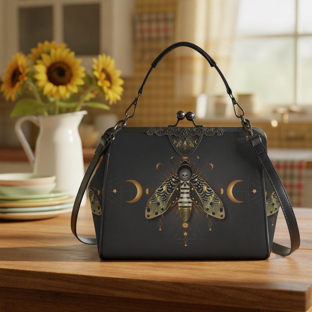 Dark Academia Moth Skull Moon Kisslock Crossbody Bag – Gothic Handbag Adjustable Strap